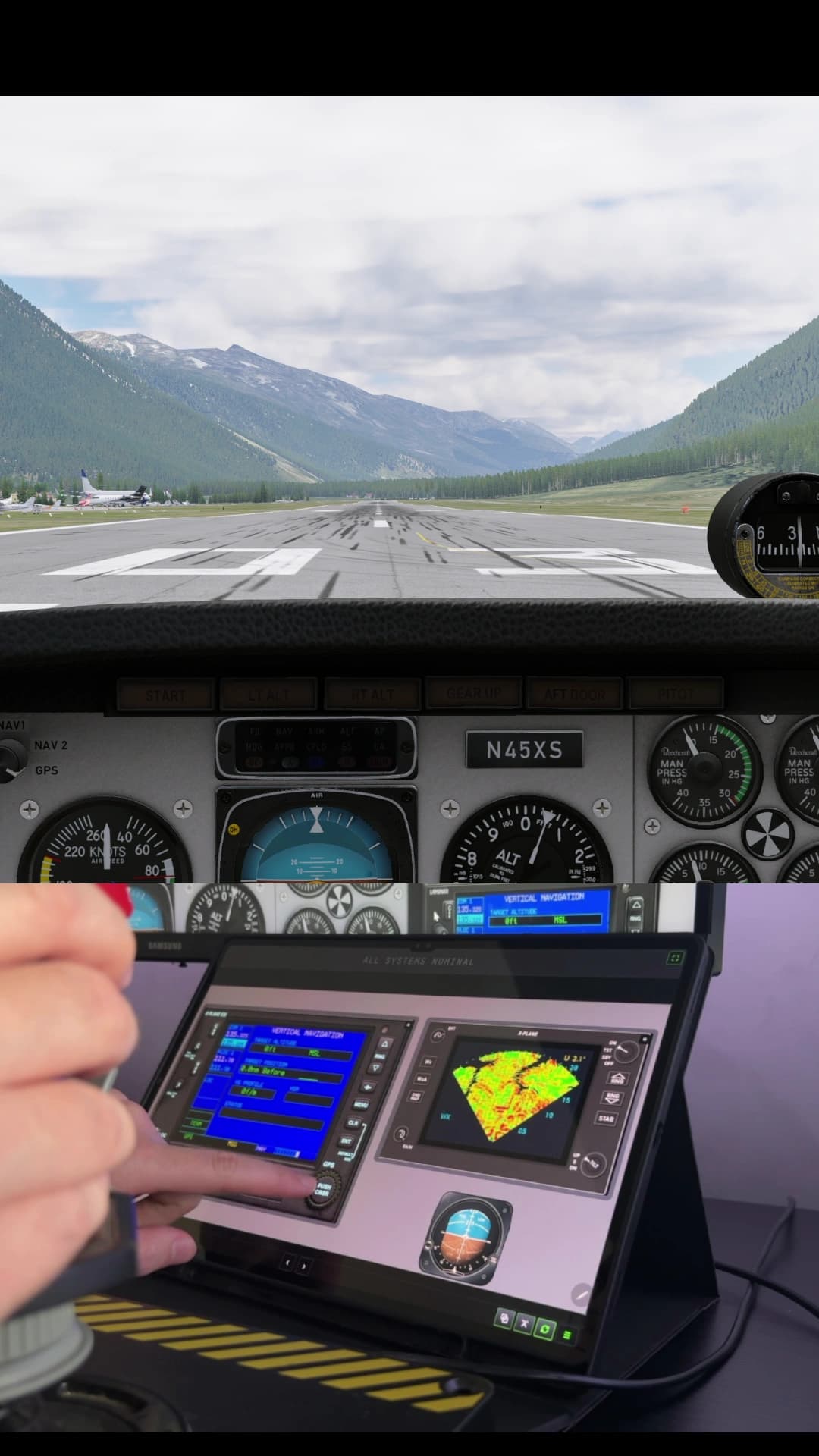X-Plane: interação no tablet com os displays de navegação e radar meteorológico. Quadro do vídeo de demonstração fornecido pelo criador do Astarojna.